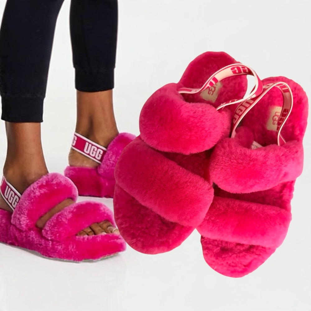 UGG Fluff Yeah Slide Logo Strap Sheepskin Slippers Rock Rose Pink Size 9